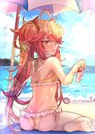  bad_anatomy beach bikini blush day fate/grand_order fate_(series) frilled_bikini frills from_behind hair_ornament highres long_hair lotion ocean outdoors red_eyes red_hair sand satoimo_(3311_mi) sita_(fate/grand_order) smile sun sunscreen swimsuit twintails umbrella very_long_hair 