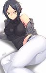  1girl artist_name ass bad_id bad_twitter_id belt black_hair black_shirt breasts cameltoe denim grey_jacket hayami_kanade idolmaster idolmaster_cinderella_girls impossible_clothes impossible_shirt jacket jeans jjune looking_at_viewer lying medium_breasts midriff_peek navel off_shoulder on_side open_clothes open_jacket pants parted_bangs shirt short_hair single_bare_shoulder sleeveless sleeveless_shirt smile solo thighs tight_clothes tight_pants trefoil white_background white_pants yellow_eyes 