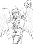  angel angel_wings armor cape corset feathered_wings feathers glasses gloves greyscale highres horn leg_armor less looking_at_viewer monochrome open_clothes open_mouth open_skirt pointy_ears short_hair short_shorts shorts simple_background skirt solo staff weapon white_background wings 