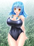  blue_hair blush breasts commentary_request covered_navel curvy highres huge_breasts kogarashi_(wind_of_winter) looking_at_viewer medium_hair one-piece_swimsuit original school_swimsuit solo sweat swimsuit thick_thighs thighs yellow_eyes 