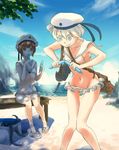  2girls bikini blue_eyes blush fujichika_(fujichica_fpf) groin hat kantai_collection multiple_girls navel red_eyes red_hair small_breasts swimwear white_hair z1_leberecht_maass_(kantai_collection) z3_max_schultz_(kantai_collection) 