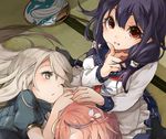  animal_print blonde_hair blue_eyes cropped_jacket fan finger_to_mouth fish_print from_above hair_ornament i-58_(kantai_collection) kantai_collection long_hair long_sleeves looking_at_viewer looking_up multiple_girls nerokuro one_eye_closed paper_fan pink_hair purple_hair red_eyes short_hair shushing sitting taigei_(kantai_collection) u-511_(kantai_collection) uchiwa wariza whale_print 