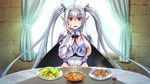  1girl aoi_nagisa_(artist) aoi_nagisa_(metalder) breasts elf female food game_cg huge_breasts light_blue_hair long_hair nipple_slip nipples phyllis_hagerhelm pointy_ears red_eyes silver_hair smile solo table twintails very_long_hair youkoso!_sukebe_elf_no_mori_he 