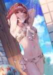  1girl :o absurdres armpits arms_up bangs bare_arms bikini blush breasts brown_eyes brown_hair cloud cowboy_shot english_commentary floral_print front-tie_bikini front-tie_top groin hair_between_eyes halterneck highres higuchi_madoka idolmaster idolmaster_shiny_colors mole mole_under_eye navel open_mouth revision short_hair shower_(place) showering side-tie_bikini sky small_breasts solo stomach swimsuit tile_wall tiles uouokuma wet white_bikini 
