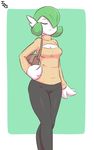  anthro breasts cleavage clothed clothing eyes_closed female gardevoir green_hair hair handbag immortalstar keyhole_turtleneck nintendo pants pok&eacute;mon pok&eacute;morph solo sweater video_games 