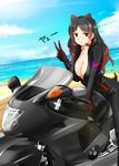  animal_ears bangs beach black_hair blush breasts brown_eyes brown_gloves brown_hair closed_mouth cloud collarbone day dutch_angle extra_ears eyebrows_visible_through_hair gloves ground_vehicle highres hippopotamus_(kemono_friends) hippopotamus_ears kemono_friends large_breasts long_hair motor_vehicle motorcycle outdoors parted_bangs sketch sky smile solo straddling suzuki-shi v water 