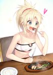  aqua_eyes bandeau bangs bare_arms bare_shoulders blonde_hair blue_eyes blush breasts chair cleavage collarbone drooling dumpling eating eyebrows_visible_through_hair fang fate/apocrypha fate_(series) food fork heart holding holding_fork holding_knife knife long_hair looking_away medium_breasts mogullaz mordred_(fate) mordred_(fate)_(all) multicolored multicolored_eyes navel open_mouth pink_eyes plate ponytail shiny shiny_hair simple_background sitting smile solo sparkle steak steam table teeth upper_body white_background yellow_eyes 