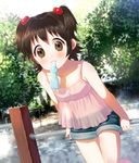  akagi_miria bad_id bad_pixiv_id bangs bare_shoulders blush bottle breasts brown_eyes brown_hair camisole collarbone day denim denim_shorts furururu hair_bobbles hair_ornament hand_rest horizontal_bar idolmaster idolmaster_cinderella_girls leaning_on_object looking_at_viewer mouth_hold outdoors pink_shirt see-through shadow shirt short_hair short_shorts shorts sleeveless sleeveless_shirt small_breasts solo sweat tree two_side_up 