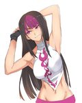  alternate_costume alternate_hairstyle armpits arms_up commentary_request flexible hair_down han_juri highres korean_commentary long_hair midriff multicolored_hair navel purple_eyes purplevortex sleeveless smile solo street_fighter street_fighter_v stretch two-tone_hair upper_body 