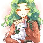  animal_on_arm artemis_(sailor_moon) bishoujo_senshi_sailor_moon blush blush_stickers cat closed_eyes closed_mouth green_hair kaiou_michiru long_hair long_sleeves lowres mugen_gakuen_school_uniform no_nose petting sailor_collar shirataki_kaiseki signature smile 