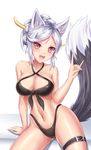  :d animal_ears bikini black_bikini blush breasts collarbone commentary_request dungeon_and_fighter fang female_gunner_(dungeon_and_fighter) fox_ears fox_girl fox_shadow_puppet front-tie_bikini front-tie_top halter_top halterneck hand_up highleg highleg_bikini highres large_breasts looking_at_viewer navel open_mouth red_eyes rommeling silver_hair sitting smile solo swimsuit thigh_strap thighs wolf_ears 