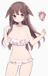  bangs bare_shoulders bikini breasts brown_hair chibi chibi_inset cleavage collarbone eyebrows_visible_through_hair frilled_bikini frills hands_up highres hips itsumi_(itumiyuo) large_breasts long_hair looking_at_viewer maya_yukiko multiple_girls navel open_mouth parted_lips pink_eyes saki saki_achiga-hen shishihara_sawaya side_ponytail simple_background smile solo_focus swimsuit taking_picture tareme thighs two_side_up white_background 