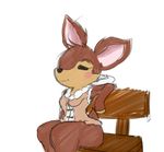  animal_crossing anthro bench blush bottomless brown_fur cervine clothed clothing coat deer eyelashes eyes_closed fauna_(animal_crossing) female fur mammal nintendo simple_background sitting smile solo unknown_artist video_games white_background 