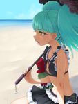  aqua_hair bangs bare_arms beach biburi_(precure) bikini bikini_skirt black_bikini blunt_bangs chocokin commentary_request crescent dark_skin day detached_earlobe flat_chest hat holding holding_umbrella horizon hot kirakira_precure_a_la_mode long_hair ocean outdoors parasol precure profile shade signature solo stuffed_toy sweat swimsuit tongue tongue_out top_hat twintails umbrella yellow_eyes 