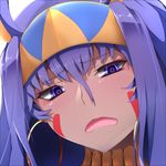  animal_ears bad_id bad_pixiv_id bangs commentary_request dark_skin earrings egyptian facial_mark fate/grand_order fate_(series) frown hairband hoop_earrings jackal_ears jewelry long_hair looking_at_viewer nitocris_(fate/grand_order) open_mouth portrait purple_eyes purple_hair sidelocks solo wada_kazu 