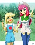  2girls age_difference apple_bloom applejack blonde_hair cowboy_hat freckles green_eyes hair_ribbon hand_holding hat long_hair multiple_girls my_little_pony my_little_pony_equestria_girls my_little_pony_friendship_is_magic older orange_eyes orange_skin overalls personification pointing red_hair sisters snake uotapo western yellow_skin younger 