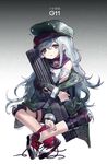  ainy77 assault_rifle bad_id bad_pixiv_id bangs black_shorts blush character_name copyright_name flat_cap full_body g11 g11_(girls_frontline) girls_frontline gradient gradient_background green_hat green_jacket grey_eyes gun hair_between_eyes hat head_tilt highres indian_style jacket long_hair long_sleeves looking_at_viewer off_shoulder parted_lips red_footwear rifle shirt shoes short_shorts shorts sidelocks silver_hair sitting sneakers solo two-tone_background untied_shoes very_long_hair weapon white_shirt 