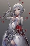  asymmetrical_hair bangs breasts bright_pupils closed_mouth commentary_request cowboy_shot dress flower gloves gradient gradient_background grey_background grey_dress grey_eyes grey_gloves grey_hair looking_at_viewer medium_breasts organ_derwald petals red_flower sidelocks sinoalice snow_white_(sinoalice) solo 