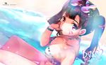  attached_earlobe bikini bracelet brown_eyes brown_hair candy choker d.va_(overwatch) earrings eyewear_on_head facepaint facial_mark food heco_(mama) jewelry lollipop long_hair looking_at_viewer looking_up mouth_hold overwatch solo sunglasses swimsuit twintails whisker_markings 