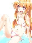  :d amatsuka_mao bikini commentary_request eyebrows_visible_through_hair eyes_visible_through_hair fang flat_chest gj-bu highres long_hair looking_at_viewer navel open_mouth orange_hair pink_bikini pink_eyes side-tie_bikini silve simple_background sitting smile solo swimsuit v-shaped_eyebrows water_drop wavy_hair white_background 