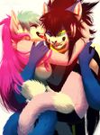  anthro black_hair breasts canine cat dog duo eyes_closed featureless_breasts feline female hair kero_tzuki male mammal open_mouth pink_hair simple_background smile teeth tongue whiskers white_background yellow_eyes 