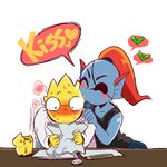  ^_^ alphys ass black_tank_top blue_skin blush blush_stickers bon_(rump) closed_eyes closed_labcoat cup denim desk eraser eyepatch glasses hand_on_another's_shoulder head_fins head_kiss jeans kiss labcoat leaning_forward monster_girl open_eyes pants paper pencil ponytail red_hair surprised tank_top undertale undyne yellow_sclera yellow_skin yuri 