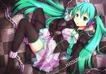  alternate_costume ankle_cuffs blush chain chained character_name checkered checkered_floor garter_straps green_eyes green_hair hatsune_miku headset long_hair looking_at_viewer loose_necktie necktie packge solo thighhighs thighs twintails vocaloid 
