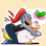  ass barefoot black_tank_top blue_skin blush blush_stickers bon_(rump) closed_labcoat denim frown head_fins heart hug hug_from_behind jeans labcoat monster_girl newspaper pants ponytail red_hair spoken_heart surprised tail tank_top undertale undyne yellow_sclera yellow_skin yuri 