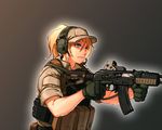  akm assault_rifle baseball_cap blonde_hair blue_eyes eotech gloves gun hat headphones load_bearing_vest military military_operator original plate_armor plate_carrier ponytail ranger_(mll0101) rifle sleeves_rolled_up trigger_discipline vertical_foregrip weapon 