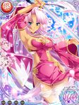  arm_up armpits bangs blue_eyes breasts cherry_blossoms cleavage dress eyebrows_visible_through_hair fingernails holding holding_sword holding_weapon koihime_musou large_breasts long_hair looking_at_viewer mole mole_under_mouth official_art outdoors pelvic_curtain pink_hair shiny solo sonsaku strapless strapless_dress sword very_long_hair weapon wide_sleeves 