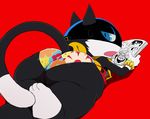  anthro big_butt blue_eyes butt cat clothed clothing digital_media_(artwork) feline fur looking_at_viewer mammal mask megami_tensei morgana_(persona) open_mouth persona persona_5 simple_background solo sssonic2 thick_thighs tongue video_games wide_hips 