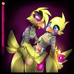  animatronics avians balls blush chica_(fnaf) clothing cum. feathers five_nights_at_freddy&#039;s five_nights_at_freddy&#039;s_2 frottage glowing male male/male penis sex shirt toy_chica_(fnaf) video_games white_crest 
