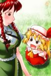  :d ascot beret blonde_hair blush braid breasts buntaichou china_dress chinese_clothes commentary_request dress fang flandre_scarlet frilled_sleeves frills from_above grass green_dress hair_ribbon hat hong_meiling large_breasts looking_at_another looking_down looking_up multiple_girls no_sclera open_mouth outdoors puffy_short_sleeves puffy_sleeves red_hair ribbon short_hair short_sleeves side_ponytail skirt skirt_set smile solid_circle_eyes star touhou tress_ribbon twin_braids wings 