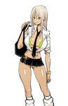  arm_at_side ass_visible_through_thighs bag bangs between_breasts bikini bikini_under_clothes black_neckwear bracelet breasts collarbone collared_shirt dress_shirt ear_piercing earrings eyebrows_visible_through_hair fingernails front-tie_top green_bikini green_eyes gyaru hair_between_eyes holding holding_bag jewelry large_breasts legs_apart long_hair loose_socks micro_bikini microskirt necktie necktie_between_breasts open_clothes open_mouth open_shirt original partially_visible_vulva piercing pleated_skirt school_bag school_uniform shiny shiny_skin shirt short_sleeves sidelocks simple_background skirt sleeves_pushed_up smile socks solo standing strap_gap stud_earrings swimsuit tsurime undersized_clothes velzhe white_background white_legwear white_shirt 