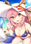 animal_ears bikini blue_bikini blush breasts cleavage collarbone day ears_through_headwear fate/extra fate/grand_order fate_(series) fox_ears fox_shadow_puppet fox_tail garcon_meteor hat highres large_breasts long_hair looking_at_viewer nature navel ocean outdoors pink_hair solo sun_hat swimsuit tail tamamo_(fate)_(all) tamamo_no_mae_(fate) tamamo_no_mae_(swimsuit_lancer)_(fate) white_hat yellow_eyes 