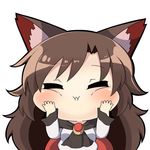  animal_ears ascot bangs blush brown_hair cheek_press chibi closed_eyes closed_mouth commentary_request dress eyebrows_visible_through_hair facing_viewer imaizumi_kagerou long_hair long_sleeves simple_background solo touhou twumi white_background wolf_ears 