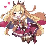  :d bangs blonde_hair blush brown_legwear cagliostro_(granblue_fantasy) cape eyebrows_visible_through_hair full_body granblue_fantasy hairband heart hibimegane jewelry long_hair open_mouth pendant pink_footwear purple_eyes red_skirt shoes simple_background skirt sleeveless smile solo thighhighs very_long_hair white_background zettai_ryouiki 