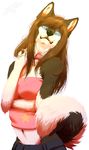  anthro black_lips black_nose blue_eyes breasts brown_hair canine clothed clothing collar dog female fur hair husky kero_tzuki mammal navel simple_background solo standing white_background white_fur 