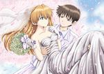  1boy 1girl amai_yadoraki bare_shoulders blue_eyes bouquet breasts bridal_veil brown_hair cherry_blossoms cleavage couple eye_contact flower gloves hair_flower ikari_shinji light_brown_hair medium_breasts neon_genesis_evangelion petals princess_carry rose smile soryu_asuka_langley tie tuxedo wedding_dress 