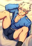  1boy blonde_hair blue_eyes blush bulge clenched_teeth crotch dungeon_and_fighter looking_at_viewer lvlv lying male_focus muscle socks solo_focus teeth underwear undressing 