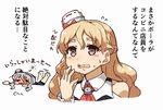 =_= blonde_hair blush brown_eyes commentary_request drunk grey_hair hat kantai_collection lawson long_hair multiple_girls open_mouth pola_(kantai_collection) tanaka_kusao thick_eyebrows tilted_headwear translated wavy_hair zara_(kantai_collection) 