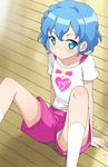  bangs blue_eyes blue_hair blush breasts closed_mouth collarbone dorothy_west frown hand_rest highres itamochi kneehighs looking_at_viewer midriff_peek panties pantyshot pantyshot_(sitting) pink_shorts pretty_(series) pripara shadow shirt short_hair shorts sidelocks sitting small_breasts solo spread_legs sweat t-shirt underwear wavy_hair white_legwear white_panties white_shirt wooden_floor 