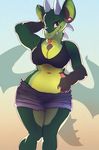  2017 4_fingers anthro bra breasts brown_eyes cleavage clothed clothing dragon eyebrows eyelashes female fivel horn looking_at_viewer midriff navel non-mammal_breasts nose_horn piercing scalie shorts simple_background smile solo standing tongue tongue_out underwear wide_hips wings 