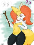  2018 big_ears braixen breasts chest_tuft claws clothed clothing confusion ear_tuft female jeffthehusky magic navel nintendo panties pok&eacute;mon pok&eacute;mon_(species) small_breasts stick striped_panties surprise thick_thighs thought_bubble topless tuft underwear video_games voluptuous young 