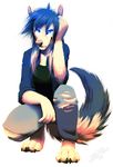  4_toes 5_fingers anthro barefoot blue_eyes blue_hair canine clothing crouching digitigrade dog female fur hair kero_tzuki looking_at_viewer mammal simple_background smile solo toes torn_clothing white_background white_fur 