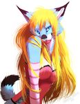  anthro blonde_hair blue_eyes blue_fur breasts clothed clothing feline female fur hair kero_tzuki mammal solo standing whiskers 