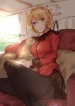  black_legwear blonde_hair blue_eyes darjeeling eyebrows_visible_through_hair feet_out_of_frame girls_und_panzer highres jacket long_sleeves meng_ziya military military_uniform pantyhose red_jacket short_hair smile smug solo st._gloriana's_military_uniform tea uniform 