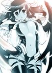 asymmetrical_wings backlighting bouncing_breasts breasts center_opening cleavage covered_nipples dizzy greyscale guilty_gear hair_ribbon hair_rings highres large_breasts long_hair looking_at_viewer monochrome navel ribbon solo tail thigh_ribbon thighhighs typo_(requiemdusk) wings 