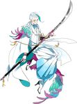  boots cross-laced_footwear feathers full_body hakama high_heel_boots high_heels japanese_clothes kinako_(marubotan) lace-up_boots male_focus monocle naginata official_art polearm red_eyes tassel tomoegata_naginata touken_ranbu transparent_background weapon white_hair 