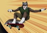  2017 anthro bluwolfie42 canine clothed clothing cobaltdevil digital_drawing_(artwork) digital_media_(artwork) fur hair male mammal pants shirt simple_background skateboard skateboarding smile tongue wolf 